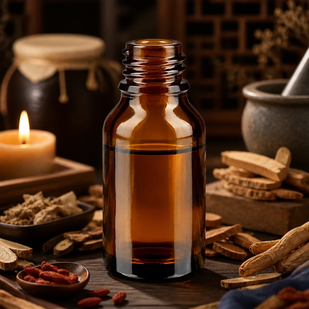 15ml ruskea apteekkipullo ApoGlas, jossa on ginseng-juuria, mausteita ja kynttilä perinteisessä parantavassa ympäristössä.