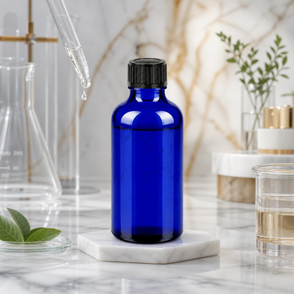 50ml pullo 11mm kierrekorkki musta väärentämisen estävä korkki BlueLine UT18/50 Laboratoriolaatuinen 50 ml:n lasipullo UT18/50-kierteellä ja mustalla OV-korkilla turvallista säilytystä varten.