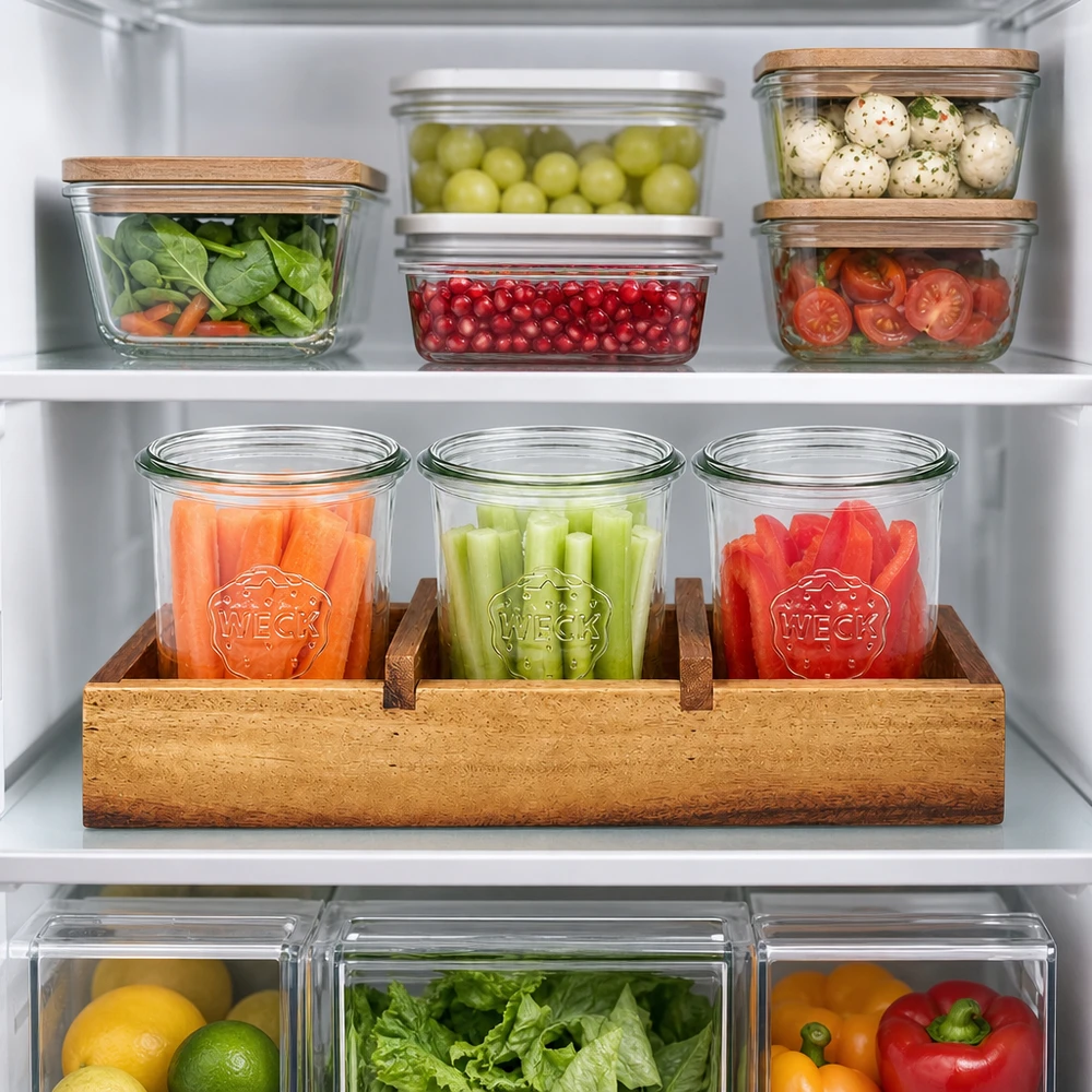 Akaasiapuu tarjoilulauta Box3 WECK purkit Jääkaappi organisaatio Meal Prep vihannesten säilytys tuoreet elintarvikkeet