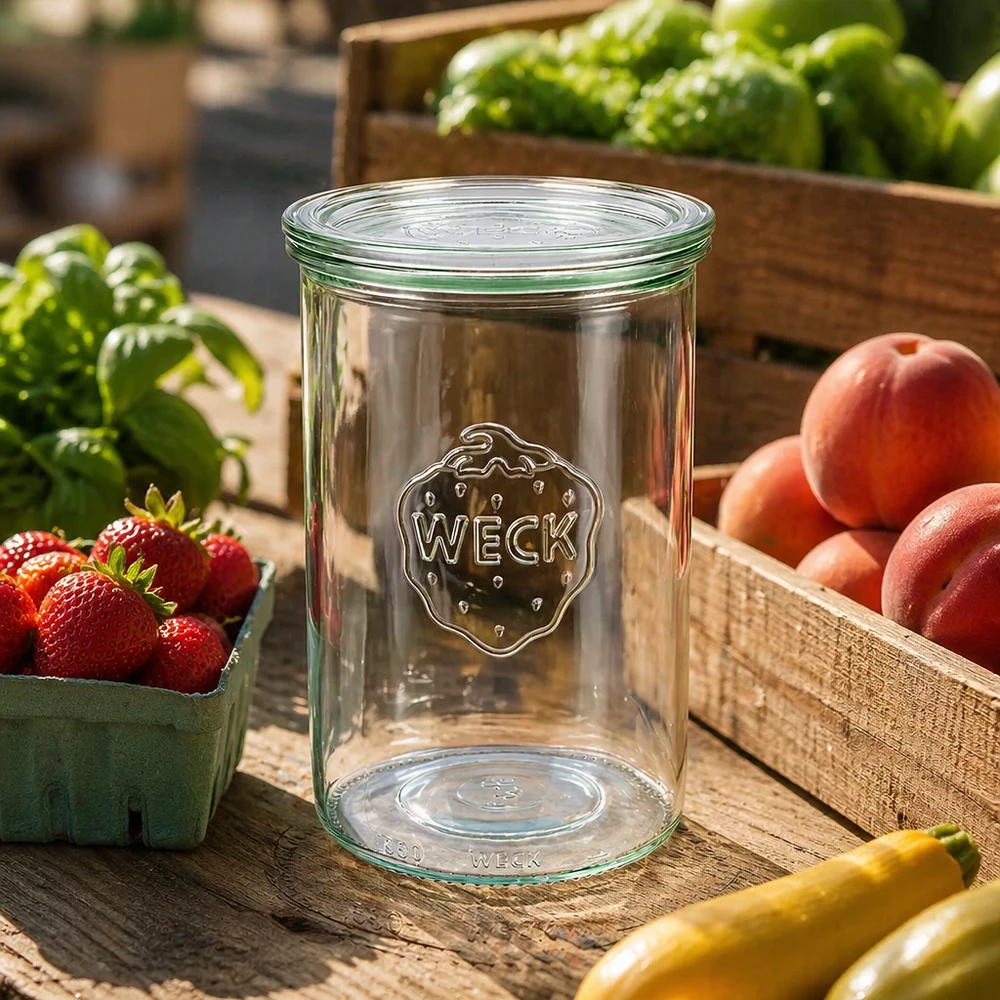 1000ml lasikannelliset juomapullot WECK RR100 WECK-maljat 1000ml RR100 tyhjänä ulkona puupöydällä puulaatikoissa olevien tuoreiden hedelmien ja vihannesten ympäröimänä.