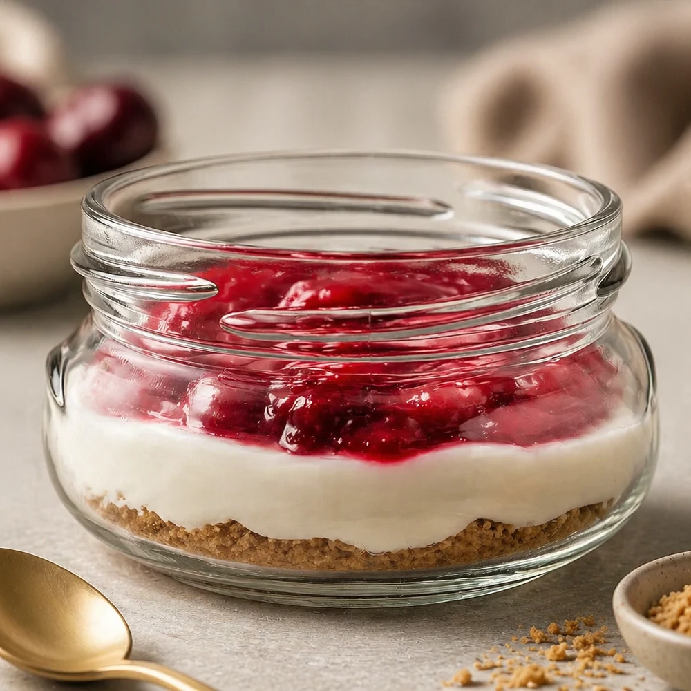 120ml terriinipurkki ilman kantta (TO70) UNiTWIST UNiTWIST UNiTWIST Terrina120 terriinilasi 120ml täynnä jälkiruokaa - punainen hedelmäkerros valkoisella kermalla ja keksipohjalla.