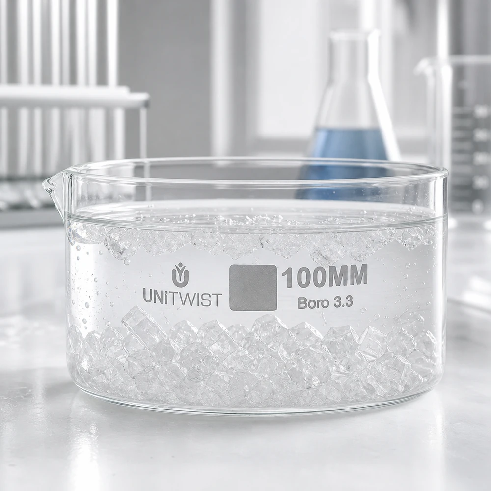 UNiTWIST-kiteytysastia 100 mm, täytetty jääkuutioilla, laboratoriokäyttöön tarkoitettu, kirkas borosilikaattilasi