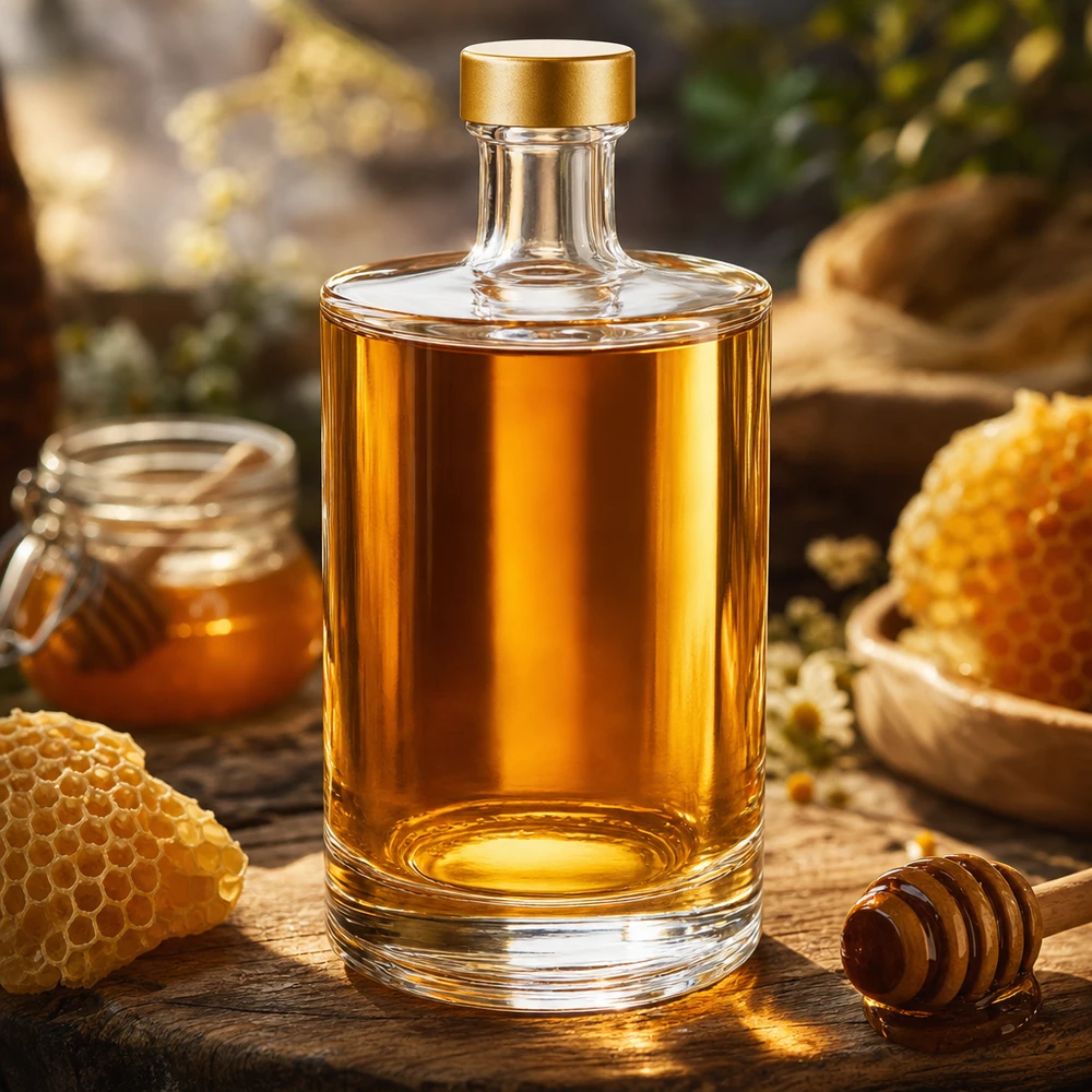 Glasflasche Sam 500ml mit Honig befüllt rustikale Küchendeko Bienenwaben Honiglöffel UNiTWIST gold Verschluss