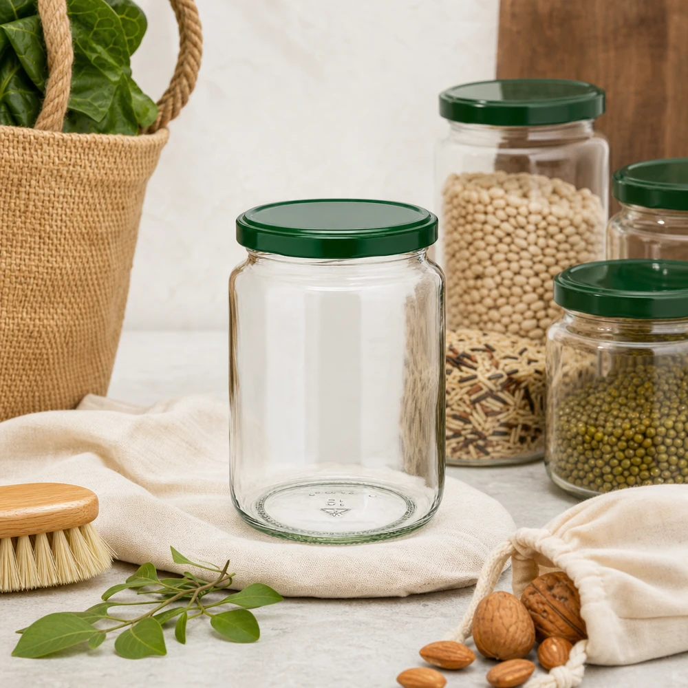 795ml Rundglas UNiTWIST mit grünem Deckel in nachhaltiger Zero-Waste-Küche neben Nüssen und Hülsenfrüchten