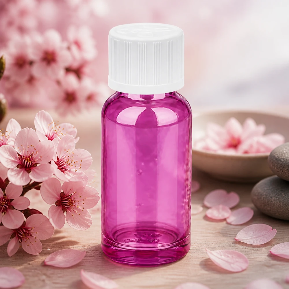 Kompakti 20ml tippapullo vaaleanpunaisella STD KiSi-korkilla aromaterapiasovelluksiin.