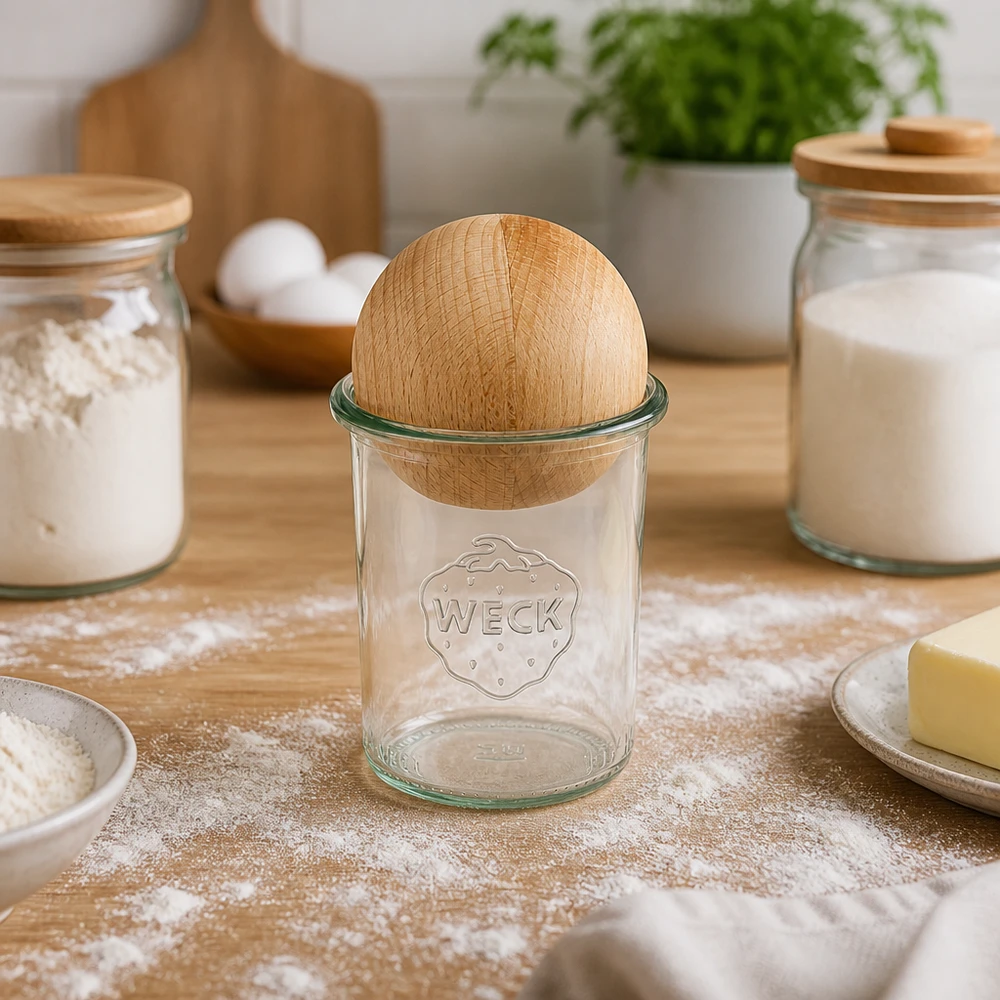 WECK RR60 160 ml:n rumpupullot, joissa on pyökkipallotulppa ja jotka on sijoitettu jauhopurkkien ja leivonta-ainesten väliin leipomon keittiössä.