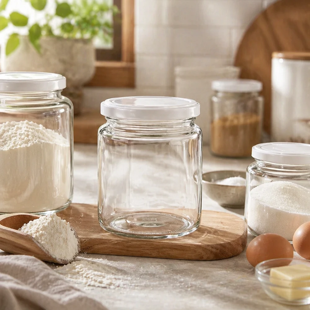 350g Honigglas + BasicSeal Deckel weiß UNiTWIST Tyhjä 250 ml:n hunajapurkki valkoisella BasicSeal-kannella puulaudalla rustiikkisessa keittiössä säilytyspurkkien välissä.