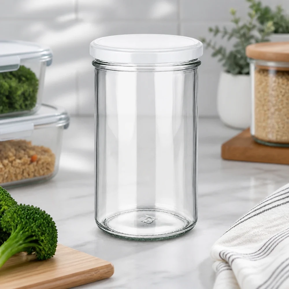 277ml muuripurkki BasicSeal-kannella valkoinen UNiTWIST 277ml Einmachglas in moderner Küchenumgebung mit Gemüse und Vorratsgläsern - vielseitig für Meal Prep und Aufbewahrung