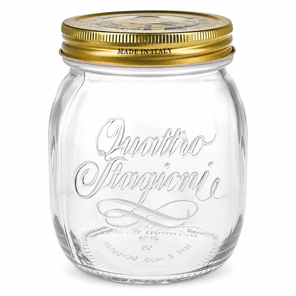 700ml pyöreä purkki Quattro Stagioni kultaisella kannella Made in Italy säilöntätölkki italialainen muotoilu tyhjä
