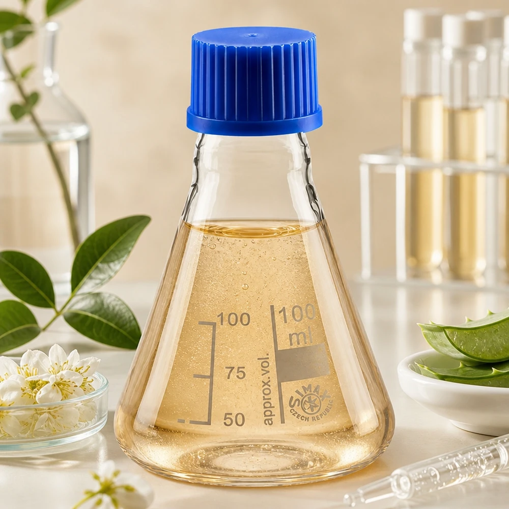 Erlenmeyer-pullo 100ml, jossa sininen kierrekorkki nesteiden turvalliseen säilytykseen.