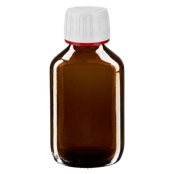 150ml lääkepullo ruskea, korkki valkoinen, jossa peukaloinnin estävä rengas punainen ApoGlass 150ml lääkepullo ruskea, korkki valkoinen, jossa peukaloinnin estävä rengas punainen ApoGlass