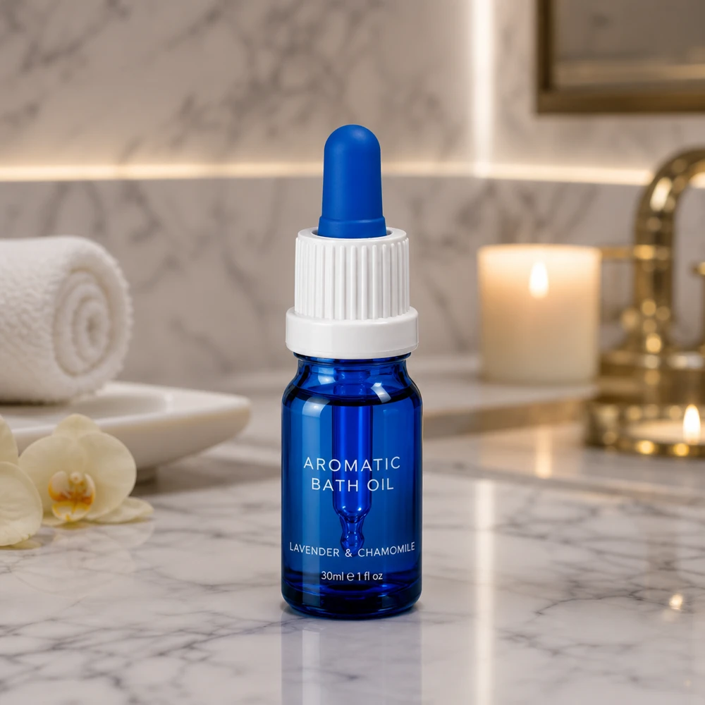 5ml pipettipullo valkoinen/sininen sulkeminen väärentämisen estävällä sulkimella BlueLine UT18/5 BlueLine UT18/5 Tyylikäs 5ml BlueLine pipettipullo valkoisella korkilla aromaterapiaöljyille ja esansseille.