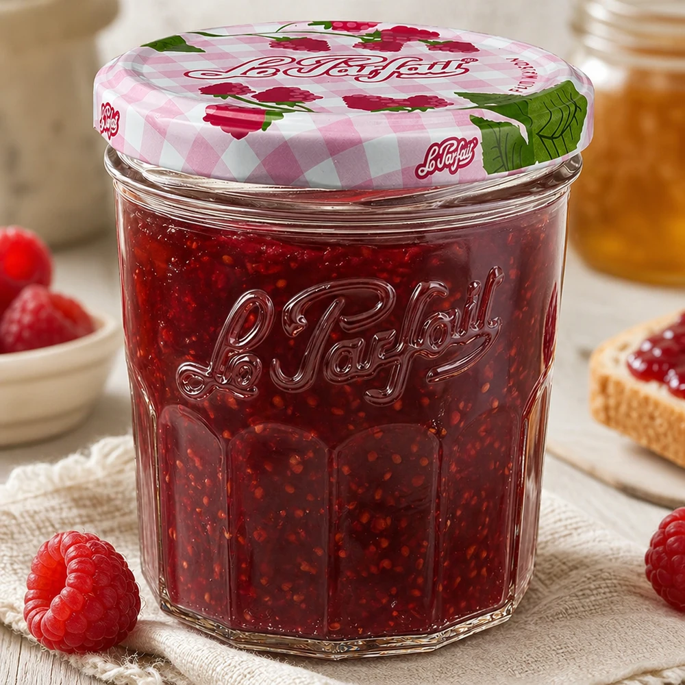 324ml Sturzglas "Jam" mit Schraubdeckel Le Parfait® Gefülltes 324ml Le Parfait Sturzglas mit Himbeermarmelade und dekorativem Schraubdeckel in gemütlicher Küche