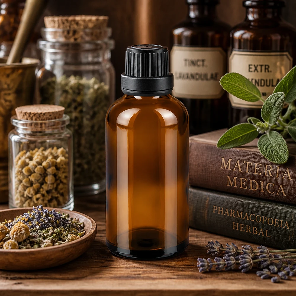 Apteekkipullo ruskea 50ml ruuvikorkki musta tiiviste sisus tamper evident sulkeminen 50 ml:n ruskea apteekkipullo Materia Medica -kirjojen ja kuivattujen yrttien välissä puupöydällä