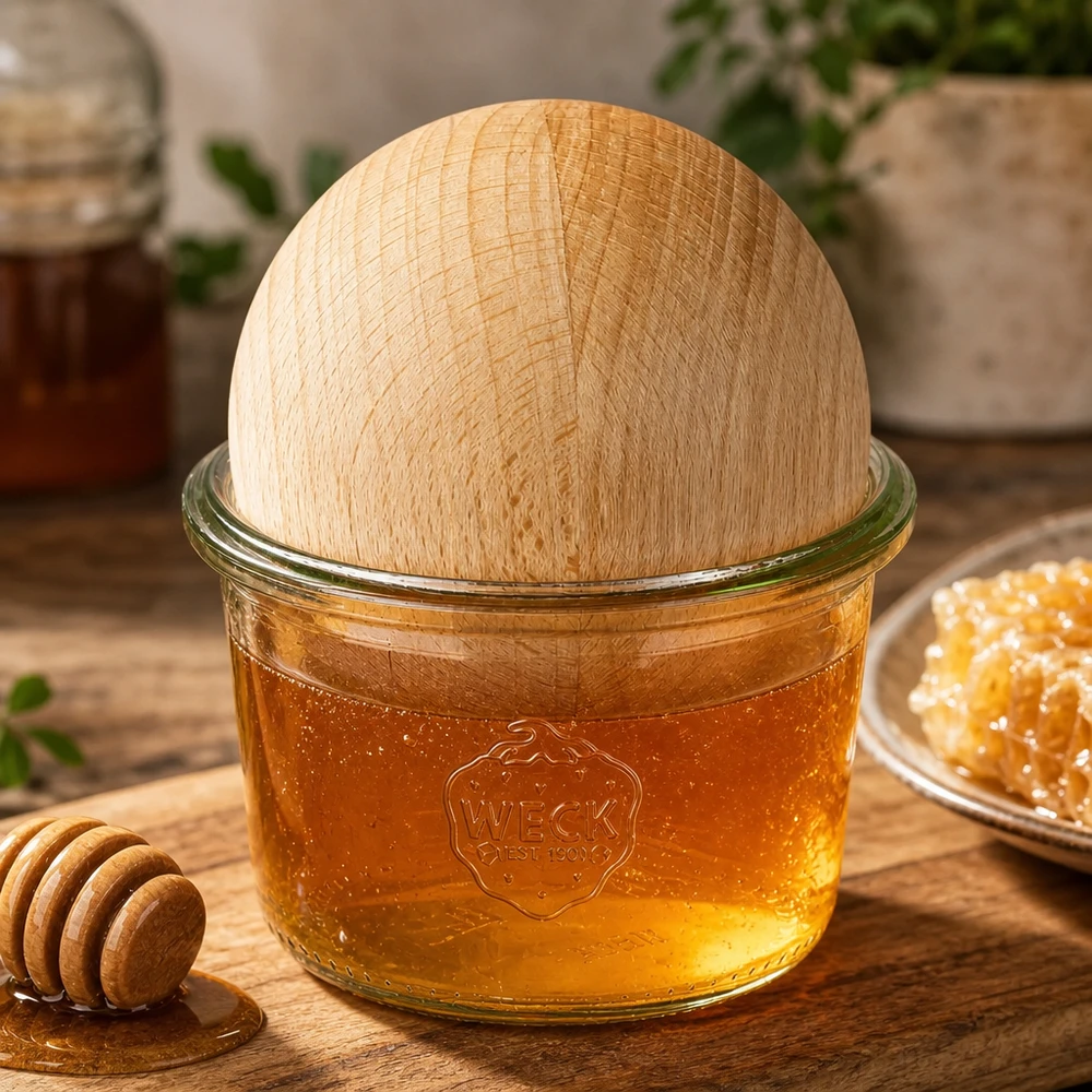 80ml juomapullot WECK RR60 puupallolla pyökki 80ml WECK RR60 hunajapullot täynnä hunajaa ja pyökkipuinen pallokansi hunajalusikan ja hunajakennon vieressä.
