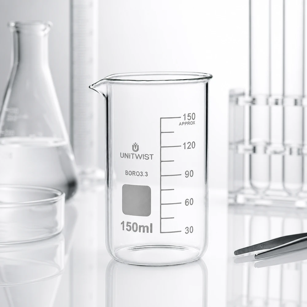 Juomalasi 150ml borosilikaatti, korkea muoto UNiTWIST UNITWIST-mitta-astia, 150 ml, korkea malli, borosilikaattilasia 3.3, kaatonokalla ja asteikolla valkoisella pohjalla