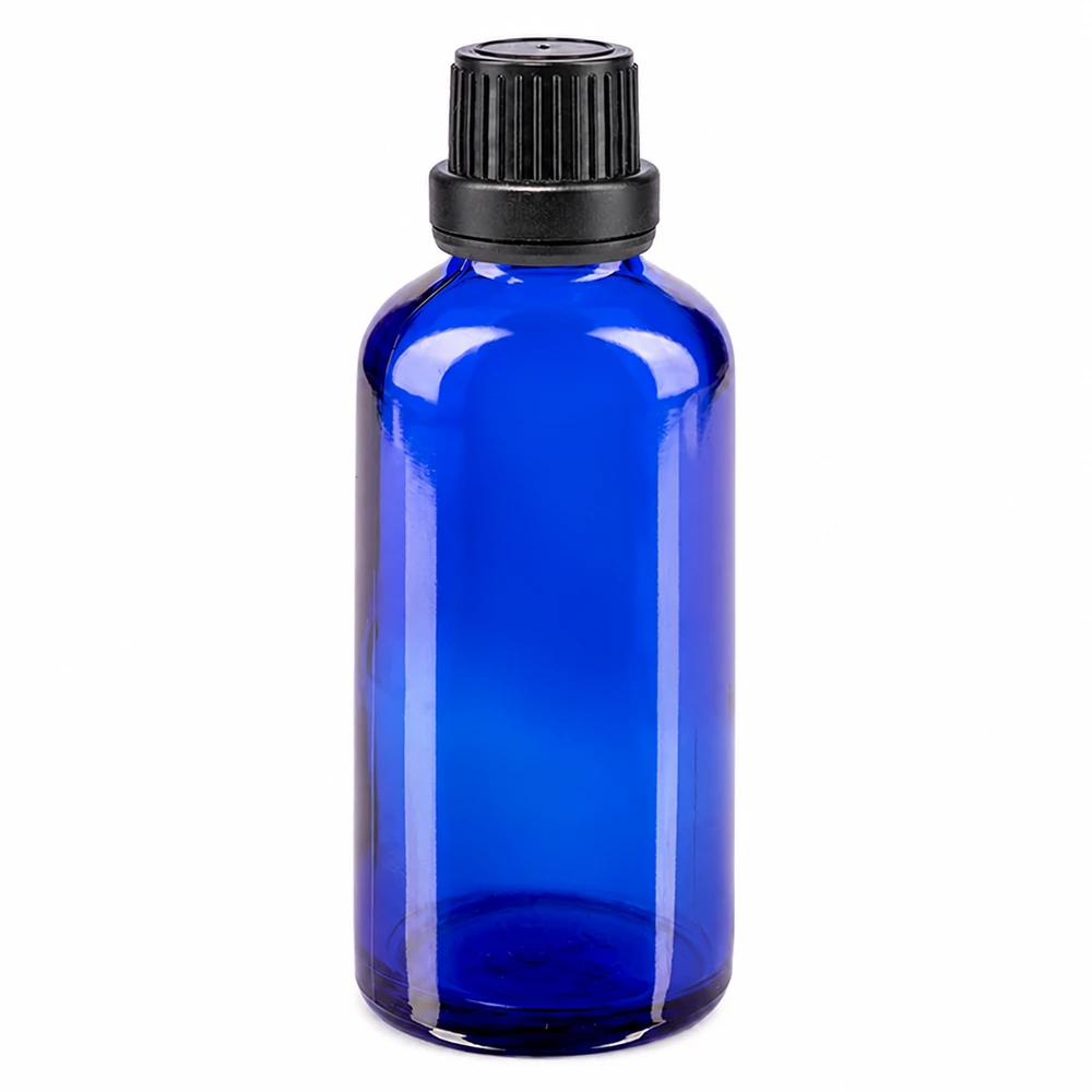 Apteekkipullo sininen 50ml ruuvikorkki musta peukaloitava sulkeminen. 50 ml:n sininen lasinen apteekkipullo, jossa on musta 11 mm:n kierrekorkki