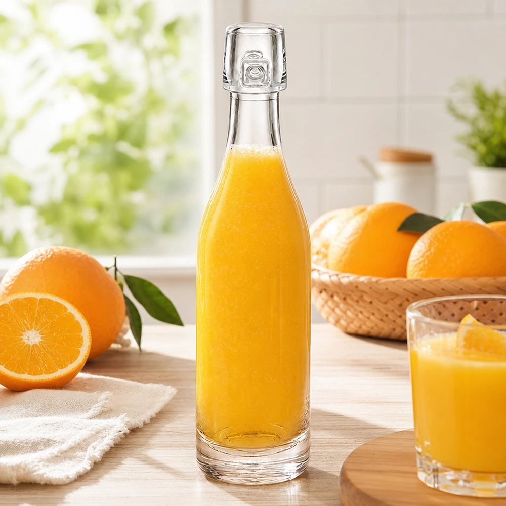 50ml lasipullo UNiTWIST täynnä appelsiinimehua tuoreiden appelsiinien välissä kirkas keittiön ikkunavalo