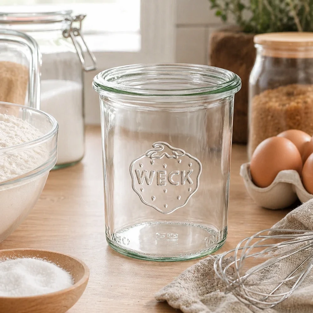 160ml tumppupurkki WECK RR60 160ml WECK RR60 kirkas lasipurkki logolla modernissa keittiössä kananmunien ja leivonta-ainesten vieressä.