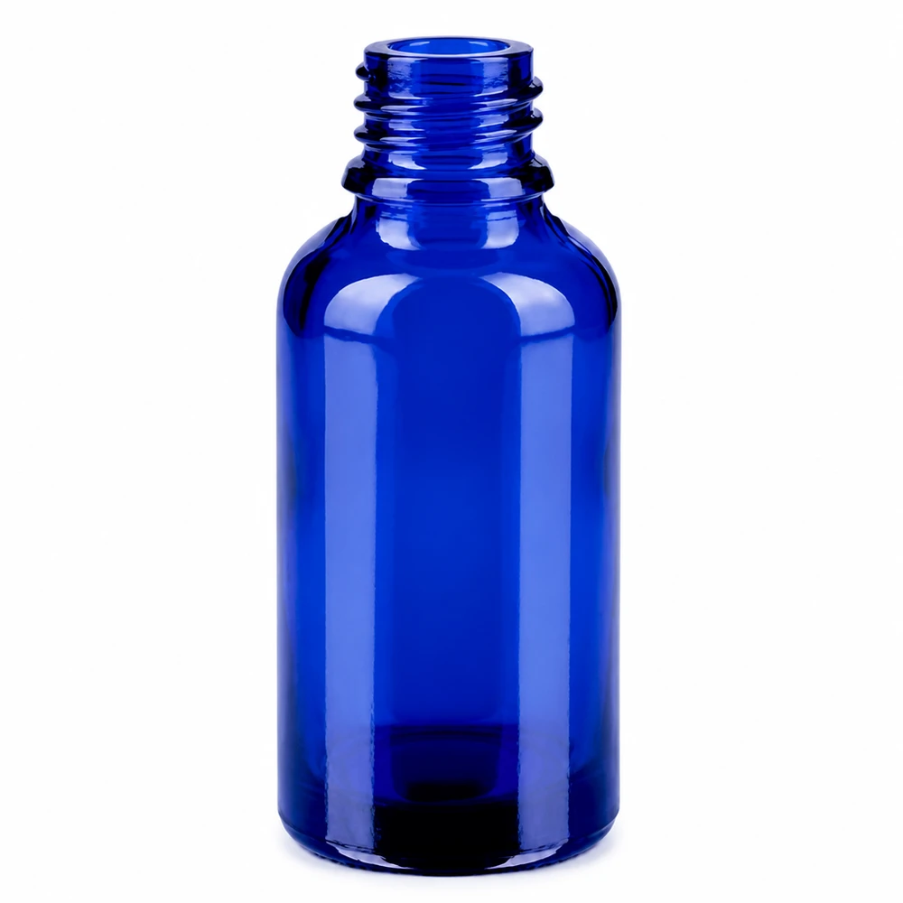 30ml pullo 11mm kierrekorkki vihreä väärentämisen estävä korkki BlueLine UT18/30 Sininen lasipullo 30ml, jossa on 11mm aukko ja vihreä korkki aromaterapiaa varten.