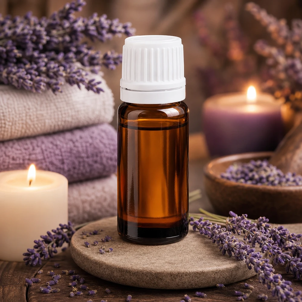 10 ml:n aromaterapia-pullo, valmistettu UV-suojatusta ruskeasta lasista, varustettu lapsiturvallisella valkoisella korkilla