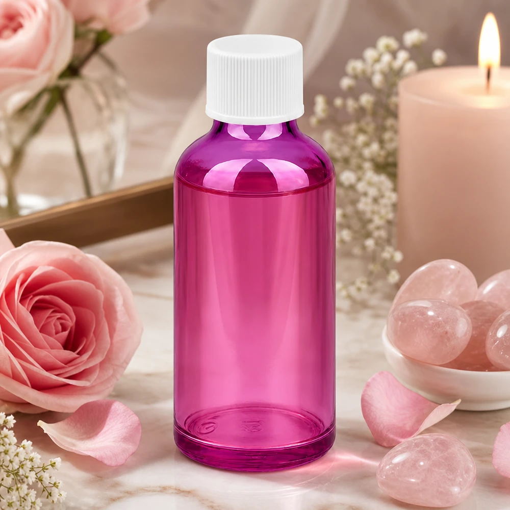 50ml pullo 11mm kierrekorkki valkoinen vakio PurpleLine UT18/50 PurpleLine UT18/50 50ml apteekkipullo tyylikkäästä violetista lasista, jossa on käytännöllinen kierrekorkki aromaterapiaa varten.