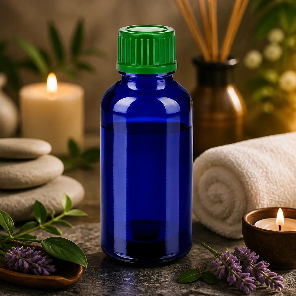 Tyylikäs sininen lasipullo 30ml, jossa on kuvioitu vihreä korkki korkealaatuisille öljyille.