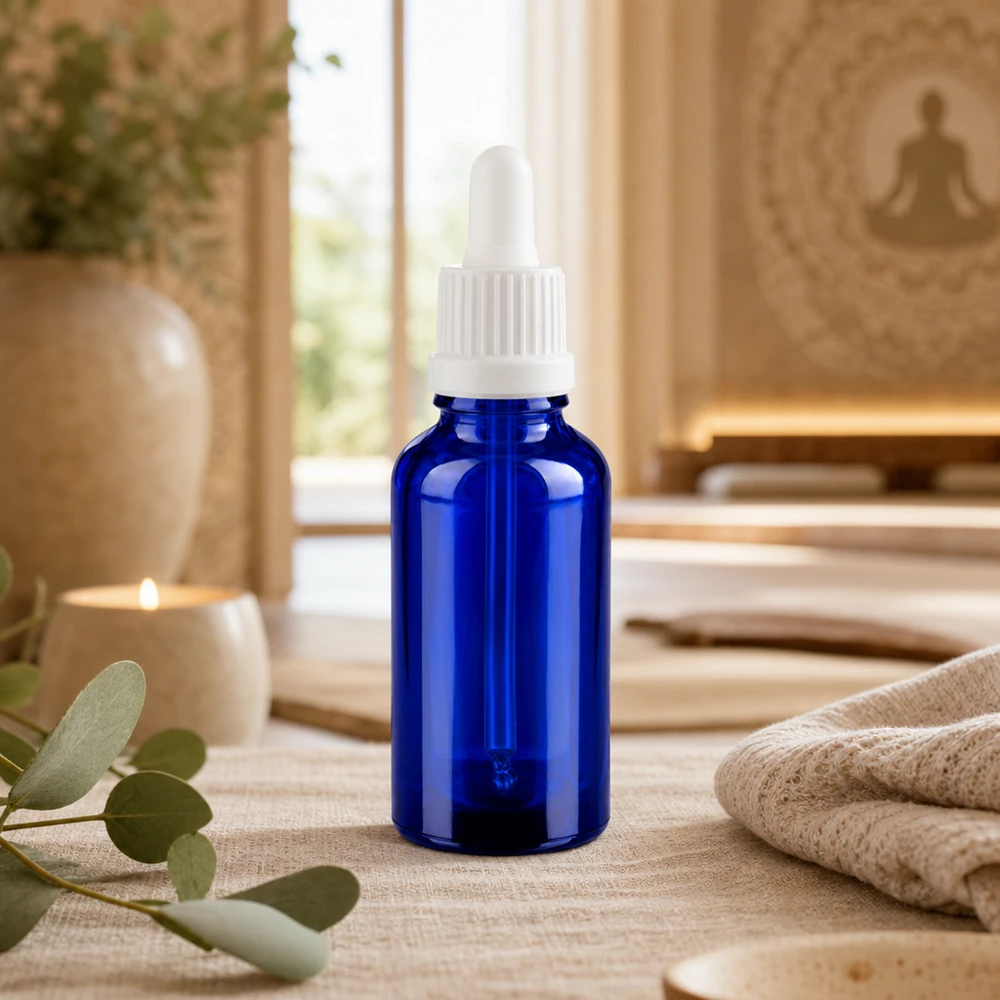 30ml pipettipullo korkealaatuista lasia BlueLine UT18 DIN18 kierre kosmetiikkaan ja luontaistuotteisiin.
