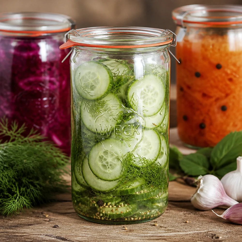 1590ml sylinteripurkki täydellinen WECK RR100 WECK sylinteripurkki 1590ml RR100 suolakurkkuviipaleilla tilli mausteilla fermentoitu vihannesten säilytysmenetelmä