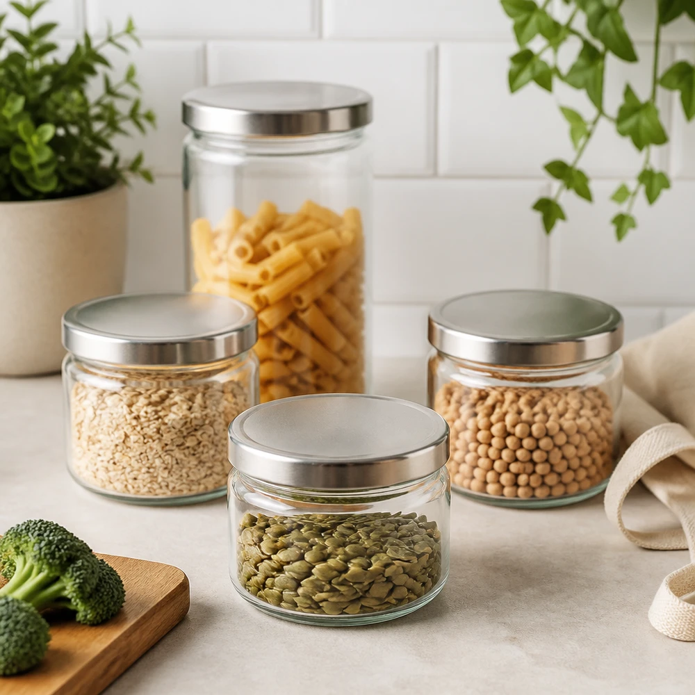 330ml pyöreä lasipurkki, jossa on BasicSeal-kansi hopea UNiTWIST. 330ml pyöreä purkki BasicSeal-kannella modernissa keittiökuvassa, jossa on pastaa linssejä kikherneitä kurpitsansiemeniä säilytyspurkki setti