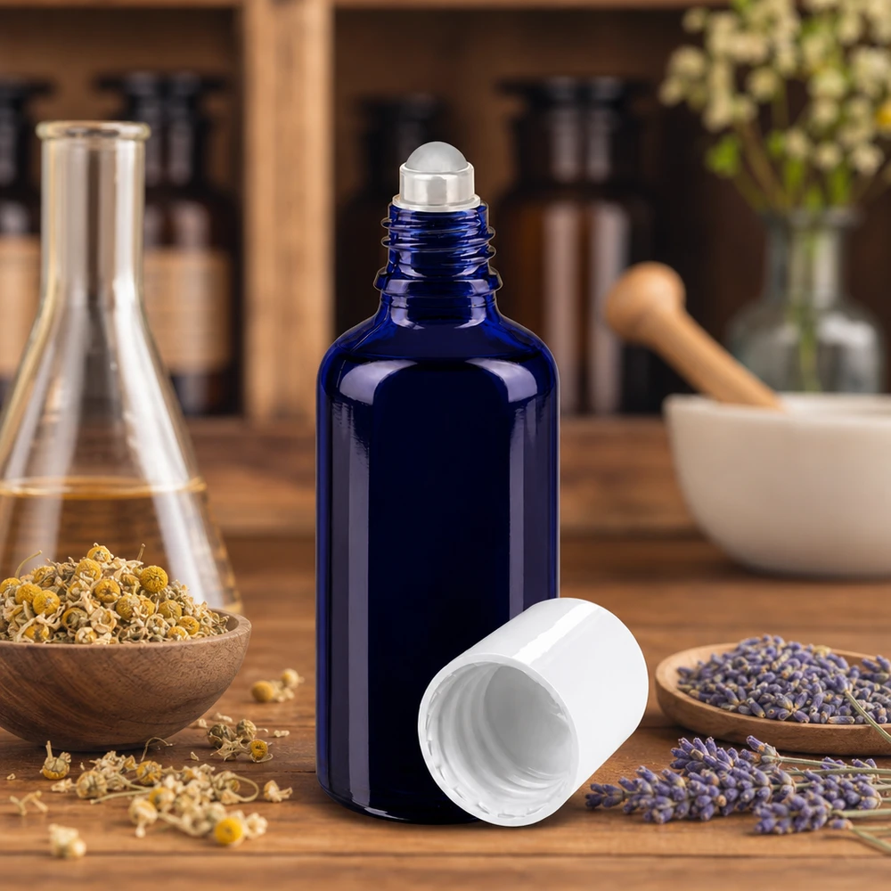 Apteekkipullo sininen 50ml roll-on korkki valkoinen Sininen 50 ml:n apteekkilasipullo, jossa on rullasovitin ja valkoinen korkki, laventelin ja kamomillankukkien välissä
