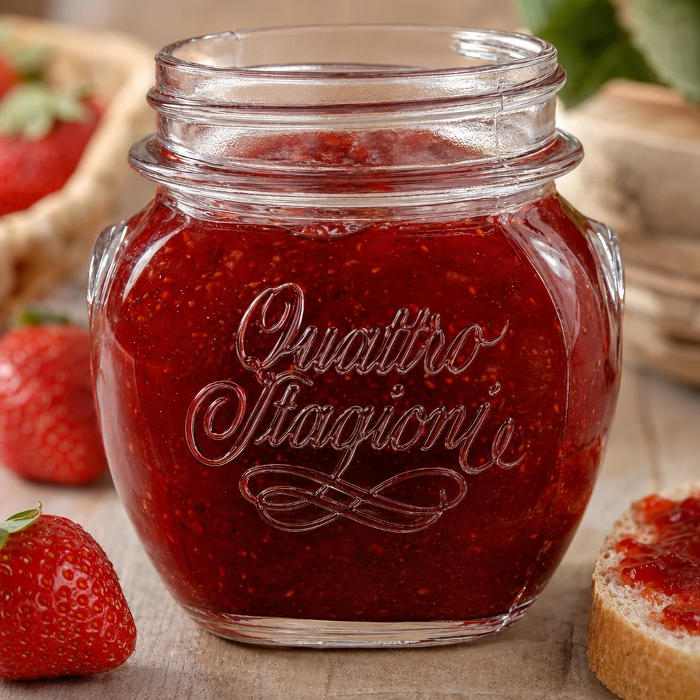 300ml pyöreä lasi "Quattro Stagioni" QS70mm QS70mm 300ml Quattro Stagioni kotitalouspurkki täynnä mansikkahilloa tuoreiden mansikoiden ja leivän vieressä puupöydällä.