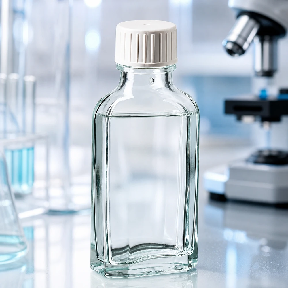 50 ml:n suorakulmainen laboratoriopullo kirkkaasta borosilikaattilasista, valkoisella kierrekorkilla