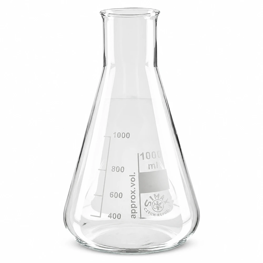Erlenmeyer-pullo 100ml leveä kaulaosa Erlenmeyer-pullo 100ml leveäkaulainen borosilikaattilasi laboratoriokäyttöön.