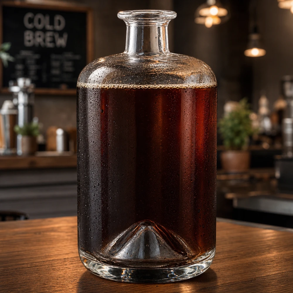 700ml Apothekenflasche "Classic" ohne Verschluss UNiTWIST® Glasflasche Sofia 700ml mit Cold Brew Kaffee befüllt in Café-Atmosphäre zeigt vielseitige Getränke-Verwendung