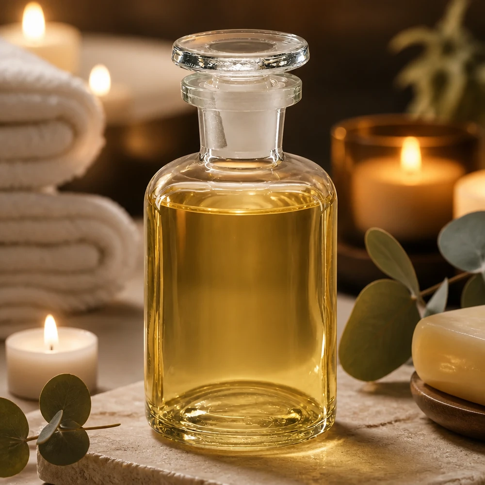 Pyöreä olkapääpullo 50ml kirkas kapeakaulainen lasitulppa 50 ml:n kirkas, pyöreäolkapäinen lasipullo, jossa on lasitulppa; spa-tunnelmassa kynttilöiden ja eukalyptuksen kera