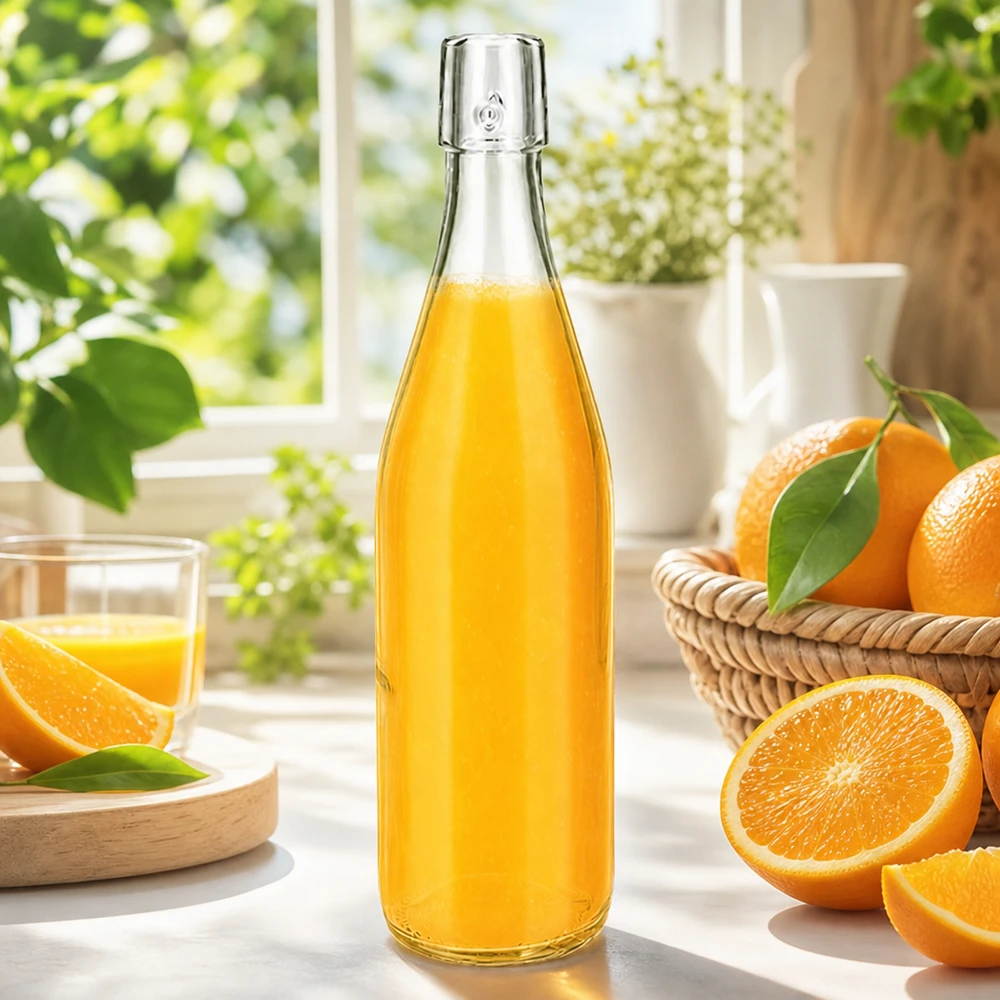 500ml lasipullo ilman kääntökorkkia UNiTWIST 500ml UNiTWIST Glasflasche mit frischem Orangensaft auf sonniger Fensterbank mit Orangen und Glas im Landhausstil