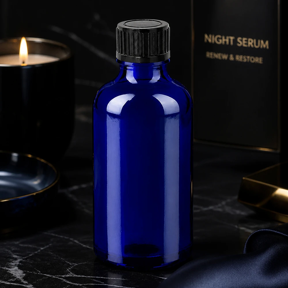 Kompakti 50ml lasipullo BlueLine-sarja seerumeille ja kosmetiikkatuotteille koboltin sinisenä