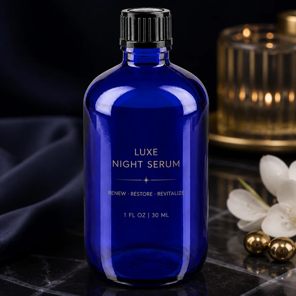 Apteekkipullo sininen 100ml ruuvikorkki musta standardi Sininen 100 ml:n lasipullo, jossa on musta kierrekorkki, ylellisen tunnelman luova seerumipullo