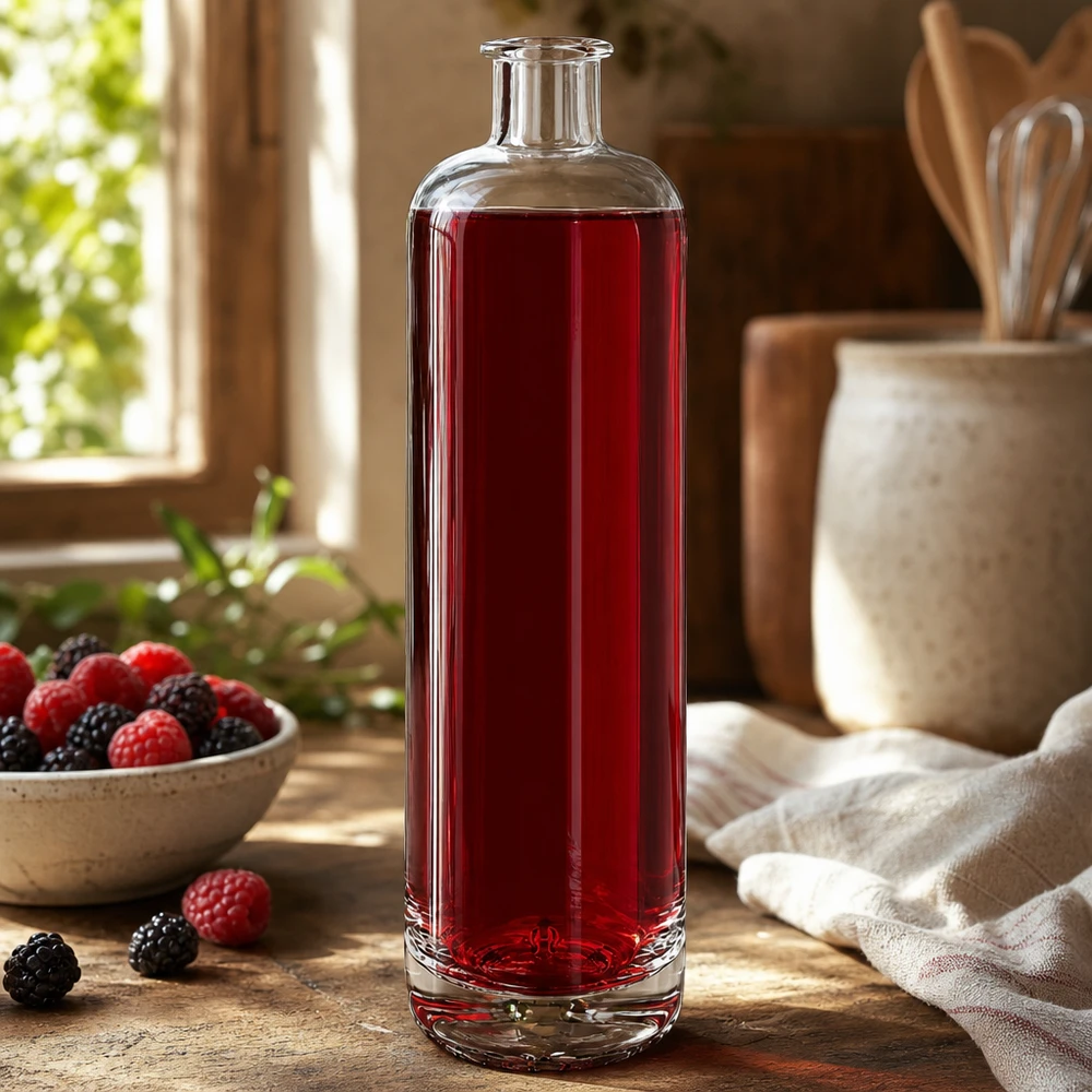 700 ml:n Ella-lasipullo täynnä punaista marjamehua tuoreiden vadelmien ja karhunvatukoiden vieressä rustiikkisessa keittiössä.
