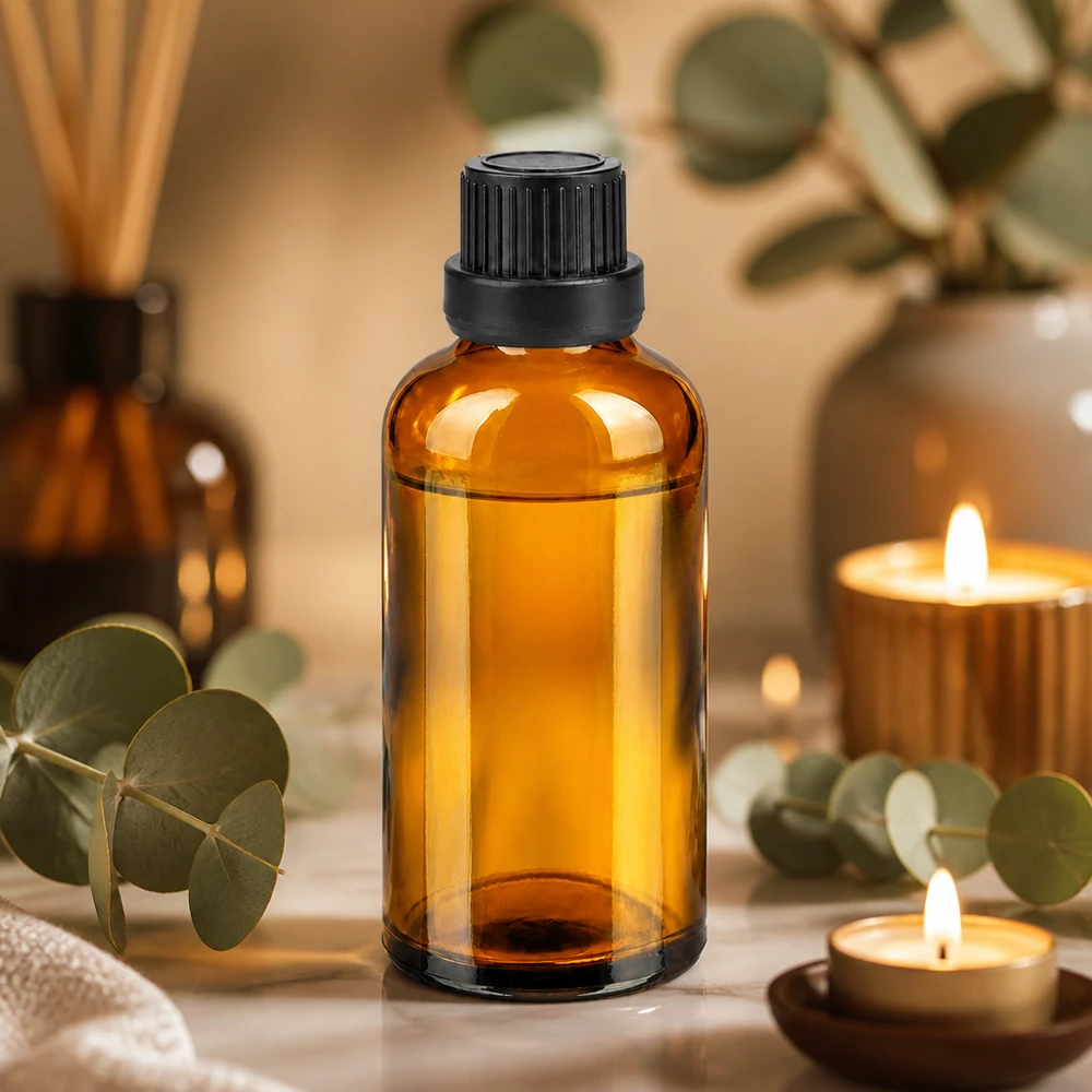 Pieni 50ml meripihkanvärinen lasipullo, jossa on UV-suoja ja käytännöllinen tiputuskorkki aromaterapiaa varten.