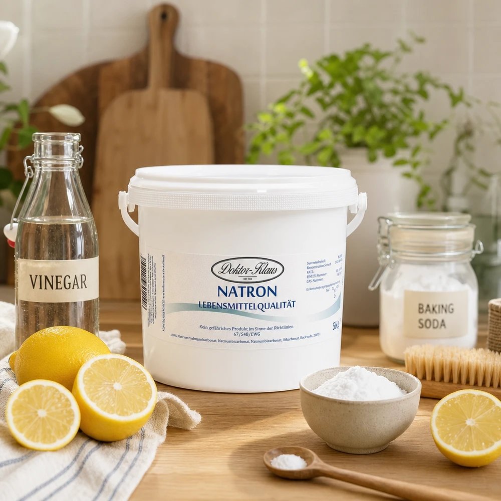 Natron Doctor Klaus 5kg sitruunaviinietikan ja ruokasoodan kanssa kotitalouksien luonnolliseen puhdistukseen.