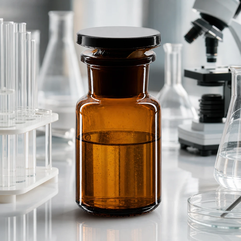 Pyöreä olkapääpullo 50ml ruskea leveäkaulainen lasitulppa 50 ml:n laboratoriopullo, ruskeaa lasia, leveäkaulainen, lasitulpalla, mikroskoopin ja koeputkien edessä