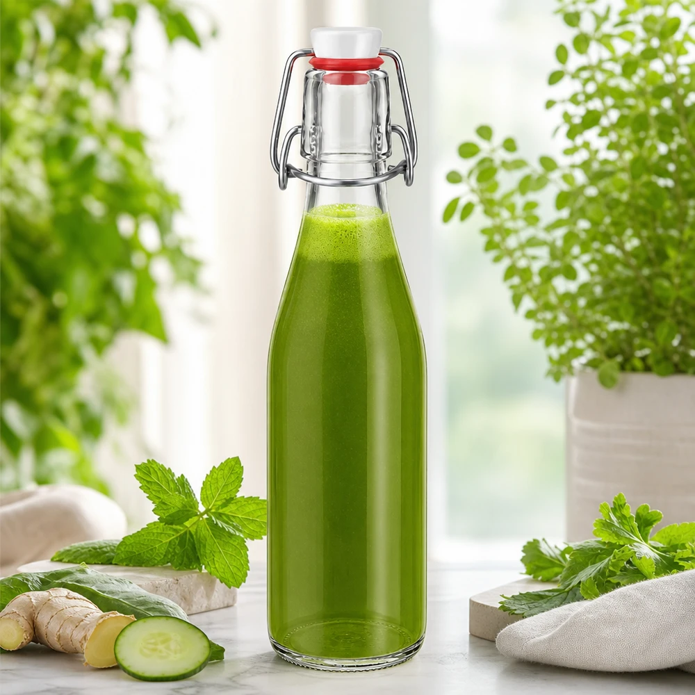 250ml lasipullo, jossa on keinukorkki, täynnä vihreää smoothieta, inkivääriä kurkkua minttua yrttejä luonnollisia ainesosia.