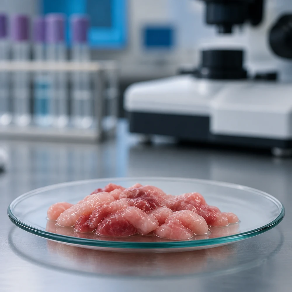 Katso 100 mm:n lasiastia, joka on täytetty vaaleanpunaisilla näytteillä steriilissä laboratorioympäristössä tutkimustarkoituksiin.