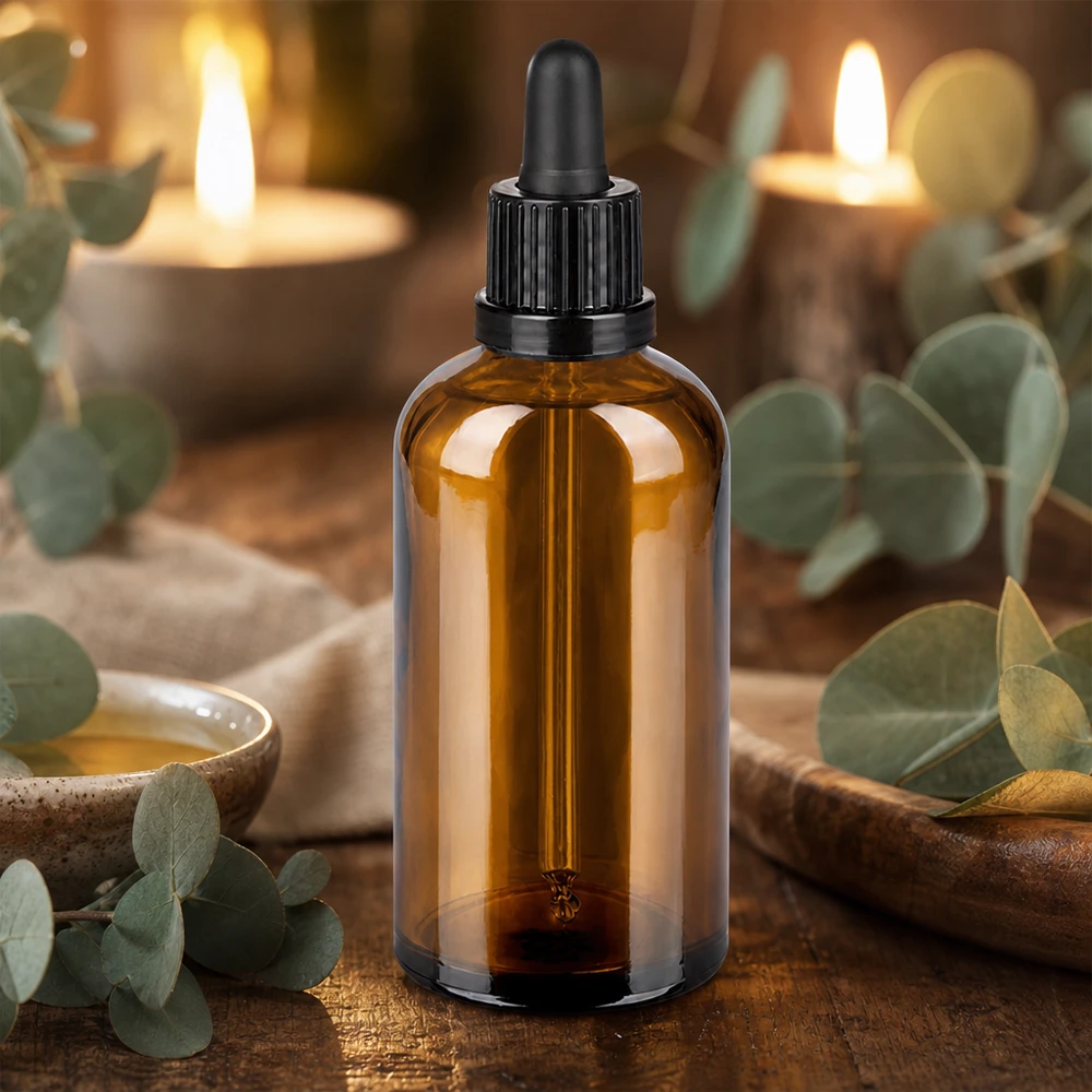 100ml meripihkanvärinen pipettipullo mustalla kumikorkilla eteerisille öljyille.