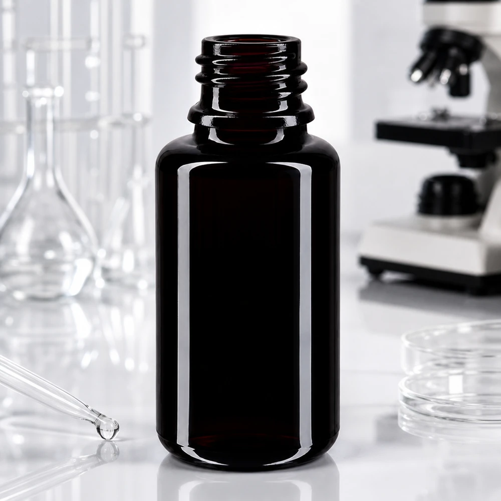Tummanvioletti lasinen tippapullo Orion 20ml esanssien tarkkaan laboratorio-annosteluun.