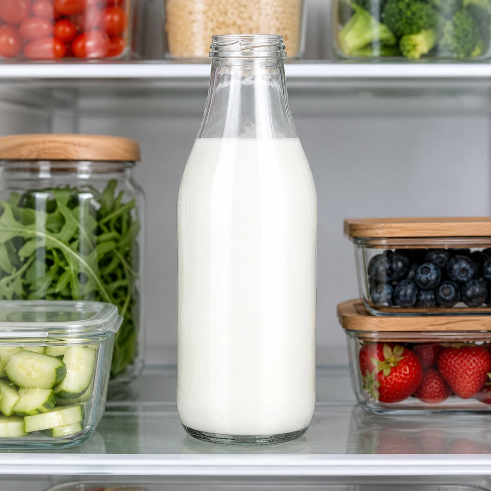 1000ml lasipullo ilman kantta (TO48) UNiTWIST Milchflasche 1000ml Glas TO48 UNiTWIST mit frischer Milch im Kühlschrank neben Obst und Gemüse Kücheneinsatz