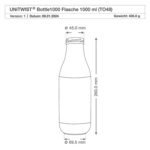 1000ml lasipullo ilman kantta (TO48) UNiTWIST Tekninen piirustus 1000ml UNiTWIST-lasipullo, jonka mitat ovat 260mm korkeus 45mm kaula-aukko TO48-kierre