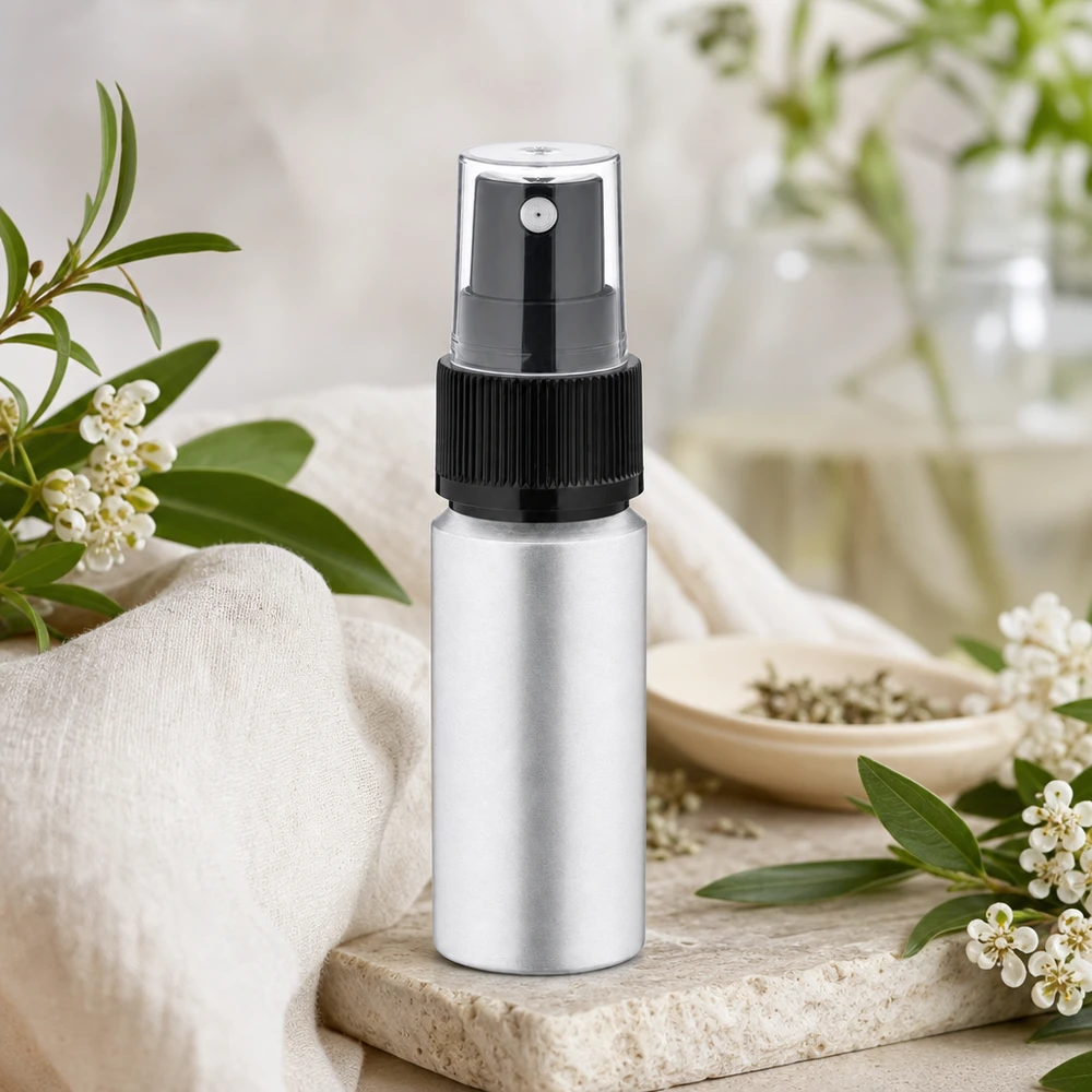 Tyylikäs 20 ml:n alumiinipullo harjatulla pinnalla ja sumuttimella ammattikäyttöön tarkoitetuille kosmetiikkatuotteille.